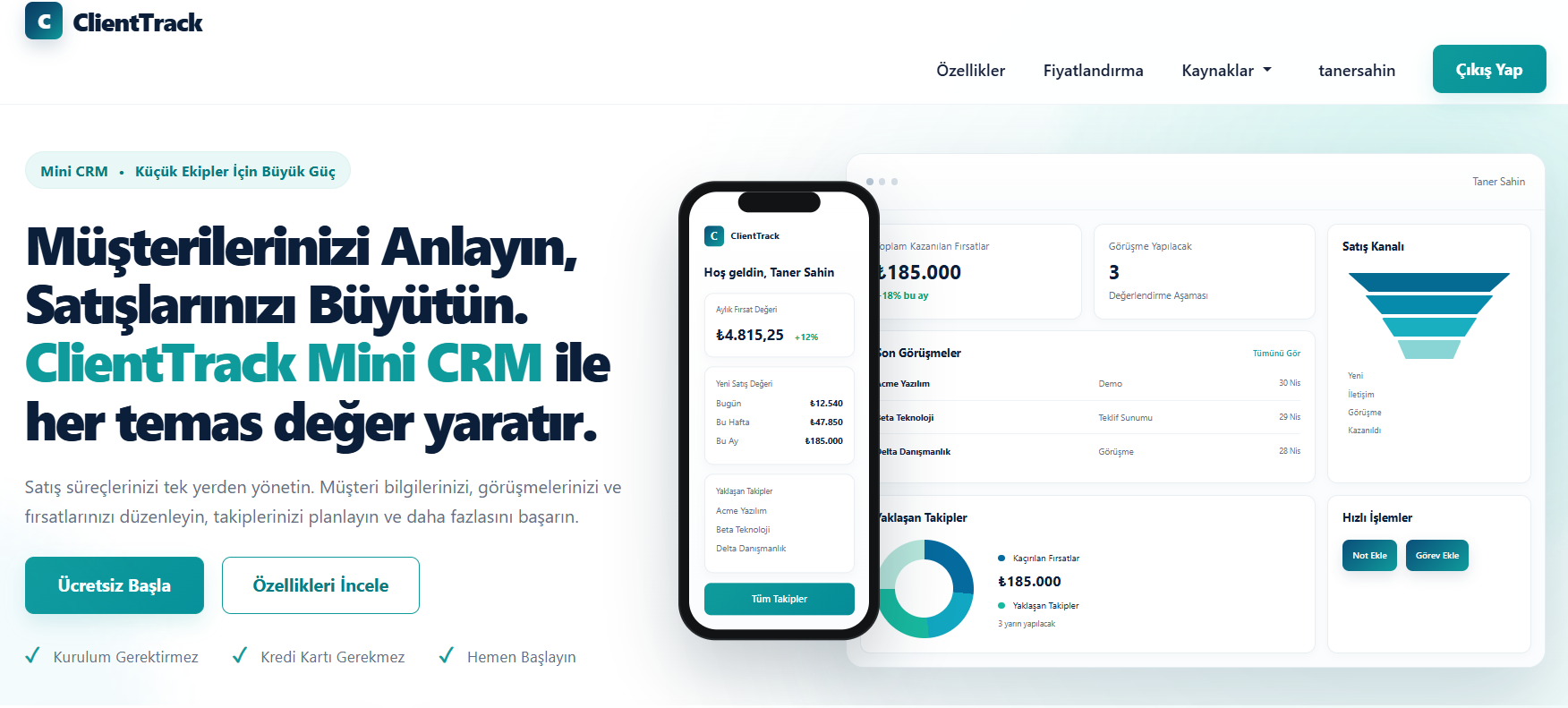 ClientTrack Mini CRM ana sayfa ve dashboard
